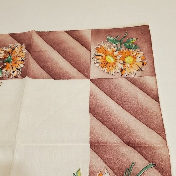 Vtg Floral Handkerchief Orange Daisey Brown Green 11"x12" Retro Fall Colors - Picture 5 of 8